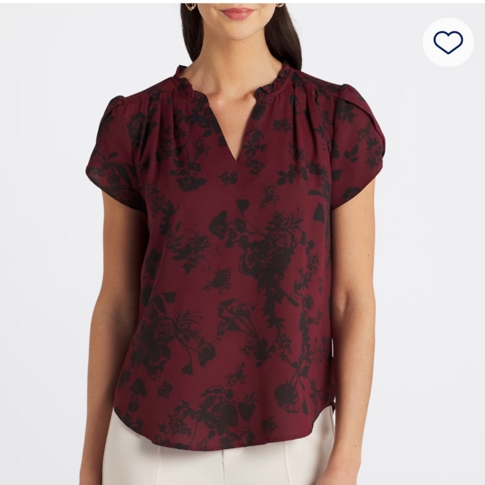 Like NEW 41 Hawthorn Tiffany Tulip Sleeve Floral Burgundy & Black Blouse size M
